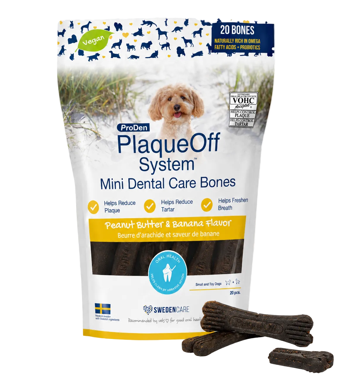 ProDen PlaqueOff Dental Care Bones žemės riešutų sviesto ir bananų skonio dantų kramtukai šunims 340 g