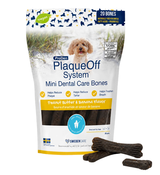ProDen PlaqueOff Dental Care Bones žemės riešutų sviesto ir bananų skonio dantų kramtukai šunims 340 g