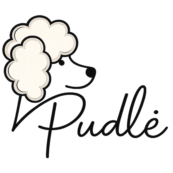 Logo of a dog with cloud-like ears and the brand name 'Pudle' below on a white background.